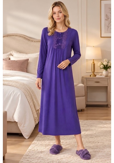 Mecit Pijama Mecit 6414 Mor Kadın Büyük Beden Uzun Sabahlıklı Gecelik Takım