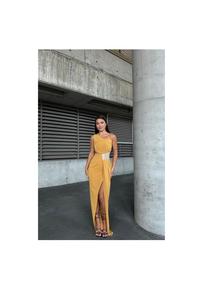 DefyModa Kadın Sandy Kumaş Tek Omuz Balık Kesim Abiye Elbise Sarı