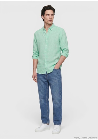 Ramsey Yeşil Düz Casual Fit Uzun Dokuma Casual %100 Keten Gömlek