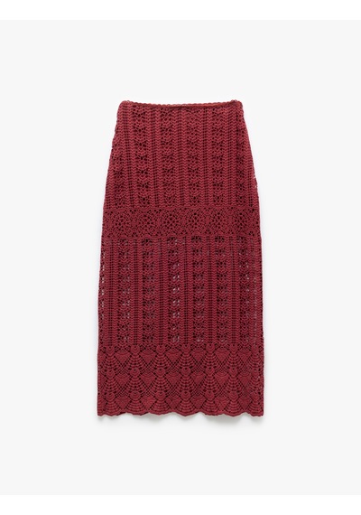 Koton Pamuklu Slim Fit Ajurlu Midi Boy Kroşe Etek Bordo 5sak10340ek Bordo