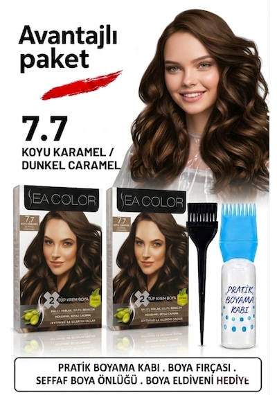Sea Color Set Saç Boyası7.7 Koyu Karamel 2 Li 2 Kutu+pratik Boya Kabı