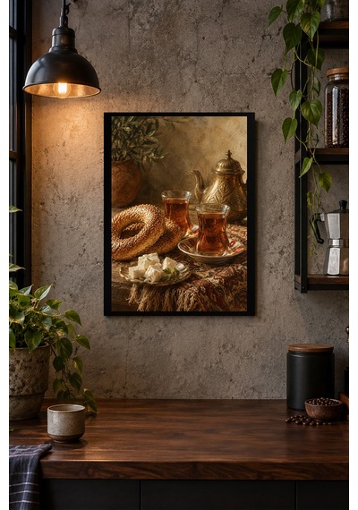 Çay Ve Ekmek Sofrası Desenli Dekoratif Mdf Tablo, Çerçeve Görünümlü Ahşap Poster