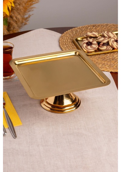 Gold Kare, Ayaklı Şık Kek, Pasta, Kurabiye Ve Tatlı Servis Sunum Standı Gold