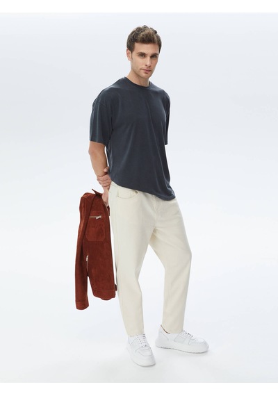 Kip Açık Bej Düz Dokuma Carrot Fit Casual Pamuk Karışımlı Pantolon Bej