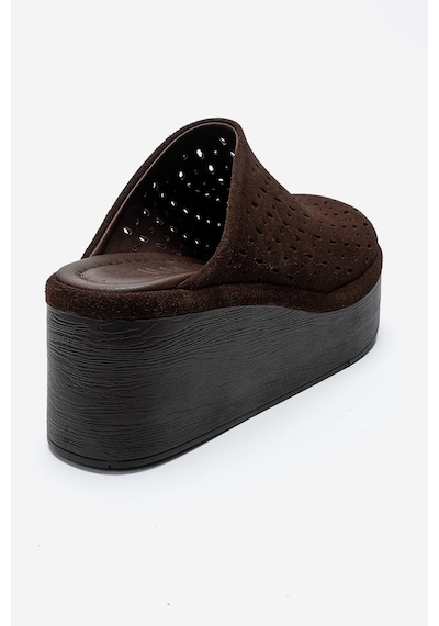 Luvishoes Lune Kahverengi Süet Hakiki Deri Delikli Kadın Dolgu Topuklu Terlik