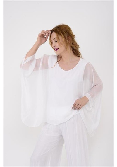Bohem Stil İtalyan Yarasa Kol İpek Bluz-8869 Beyaz