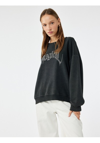 Koton Şardonlu Uzun Kollu Bisiklet Yaka Taşlı Baskılı Oversize Sweatshirt Antrasit 6wal10240ık Koton Şardonlu Uzun Kollu Bisiklet Yaka Taşlı Baskılı Oversize Sweatshirt Antrasit 6wal10240ık