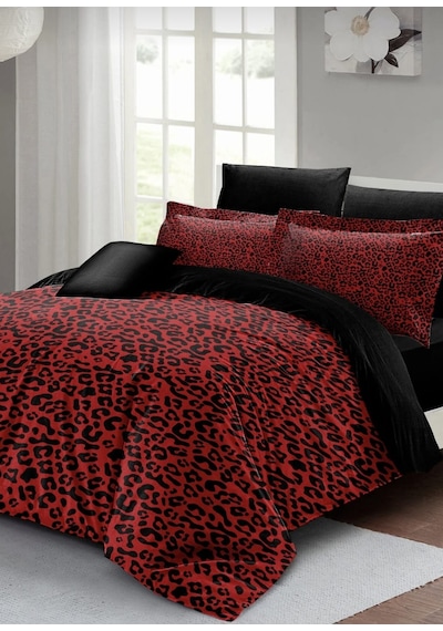 240x260 Cm Çift Kişilik Nevresim Takımı Pamuk Saten Çeyizlik Premium Leopar Desen Lüx Marka Kırmızı