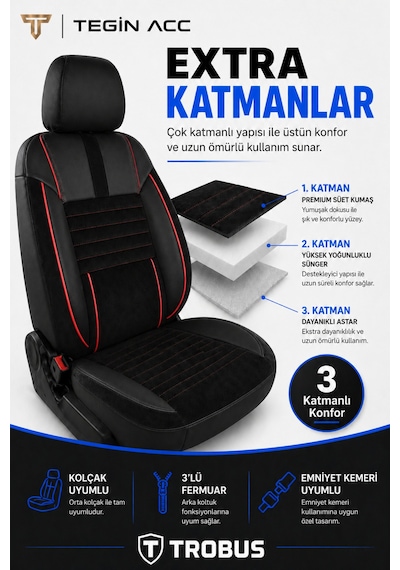 Volvo V40 2012-2019 Uyumlu Apex Serisi Siyah Kırmızı Oto Koltuk Kılıfı