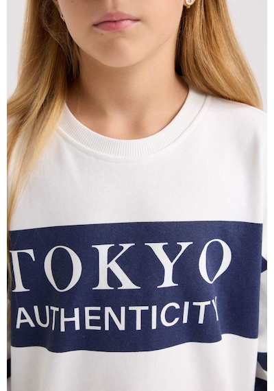 DeFacto Kız Çocuk Oversize Geniş Kalıp Bisiklet Yaka Baskılı Sweatshirt D3806A824WNNV241 Lacivert