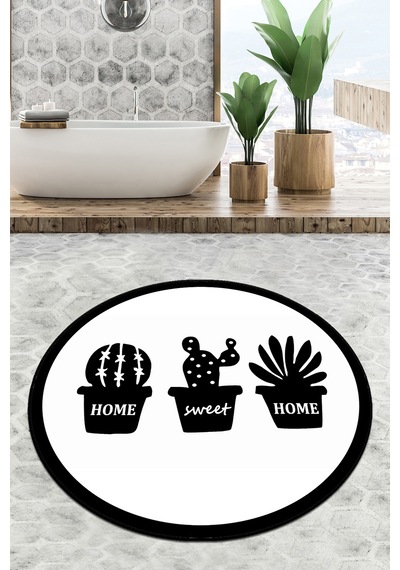Cereus Çap Banyo Halısı Djt 140x140 cm, Banyo Halısı , Banyo paspası yıkanabilir Beyaz - Siyah