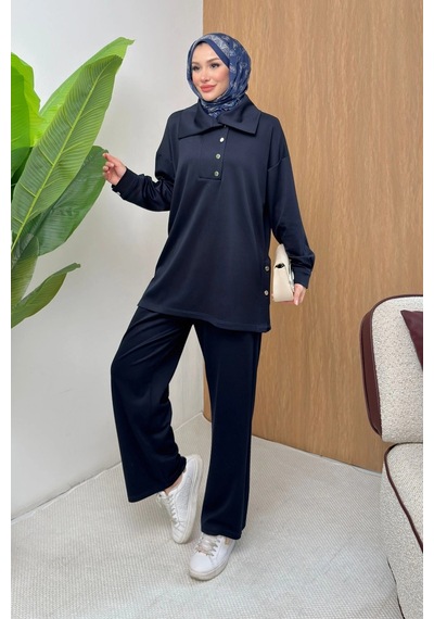 Mihran Butik Soho Elegance Yaka Detaylı Kadın Tesettür Alt Üst Takım Lacivert