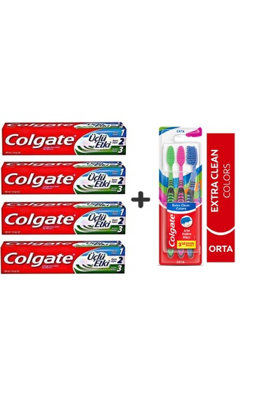 Colgate Diş Macunu Üçlü Etki 100 Ml X 4 Adet + Extra Clean Colors Diş Fırçası 3lü Beyazlık