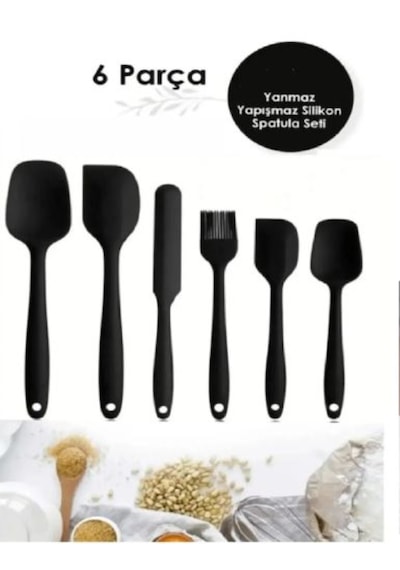6lı Takım Yanmaz Yapışmaz Mutfak Pasta Silikon Yumurta Fırçası Kaşık Bıçak Spatula Set Siyah