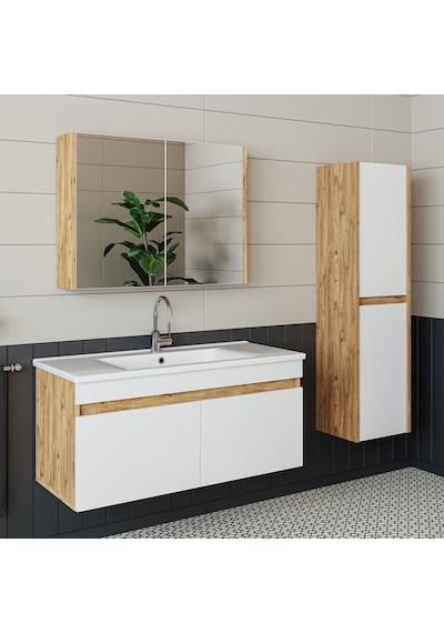 Roomart '' Lavabolu '' Atlantik-Beyaz Mat Mdf 100 Cm Banyo Dolabı Atlantik Çam - Beyaz