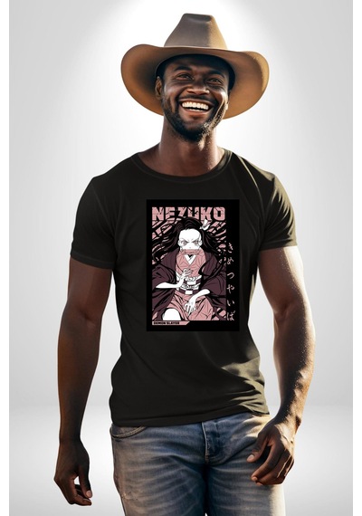 Nezuko Demon Slayer Unisex Unisex Siyah Organik Baskılı T-shirt Penye Yüksek Kalite Siyah