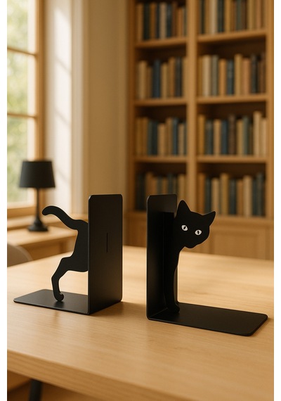 Sevimli Gözlü Kedi Figürlü Metal Kitap Tutucu 2 Li Set Dekoratif Kitaplık Ve Masa Üstü Aksesuarı