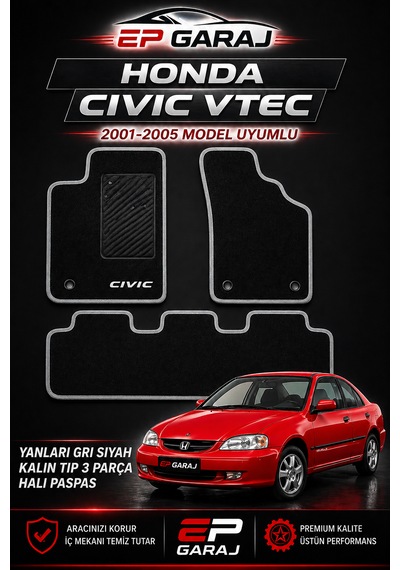 Honda Civic Vtec 2001 2005 Uyumlu Siyah Halı Paspas Kalın Tip