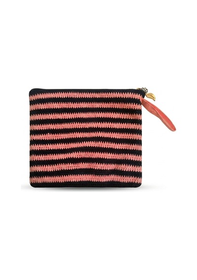 Lento Design El Örgüsü Çizgili Clutch Çanta Siyah & Somon Pamuk Portföy, Fermuarlı El Yapımı Cüzdan Bej
