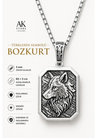 Erkek, Bozkurt, Türk, Türk'ün Sembolü K-108 Paslanmaz Kromix Çelik Gümüş Kaplama Kolye Madalyon Beyaz