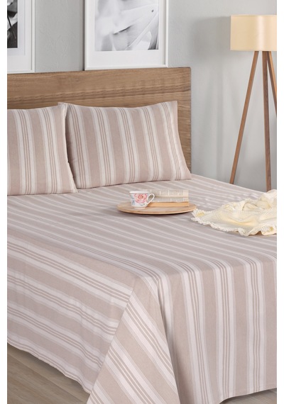 Eponj Home Sport Çizgili Çarşaf + Yastık Kılıfı Seti Tek Kişilik Soft Line Bej Bej