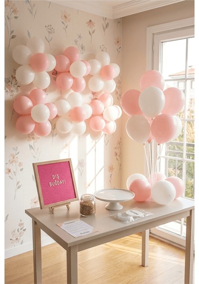 Diş Buğdayı Süsleme Deluxe Set Kız Pembe Keçe Yazı Panosu Standlı Pompa Balon Zincirli 7 Li Balon Standlı Çocuk