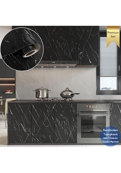 Technosmart 60x300cm Mat Mermer Desenli Kendinden Yapışkanlı Duvar Kağıdı Kaplama Mutfak Masa Folyo Siyah