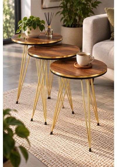 Sulorahome Ceviz Desenli Gold Metal Ayaklı 3'lü Zigon Sehpa Takımı Ceviz - Altın