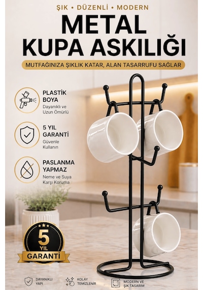 Metal Kupa Askılığı 6 Lı Siyah Fincan Standı, Tezgah Üstü Bardak Tutucu Sunumluk