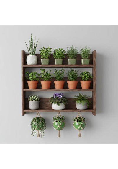 Ahşap Duvar Rafı - 3 Katlı Çok Amaçlı Mutfak Ve Balkon Rafı - Dekoratif Saksılık - 50x50 Cm Turuncu