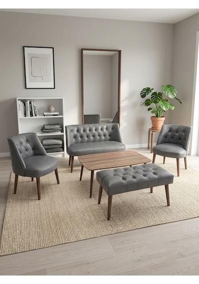 Milano Gri Deri Çay Seti Koltuk Takımı 2+1+1 Bench Sehpa Dahil Ofis Balkon Kuaför Bekleme Takımı