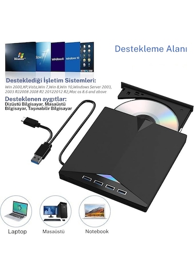Monozone Harici Cd Dvd Rom Yazıcı Okuyucu Type-c Usb 3.0 Hub