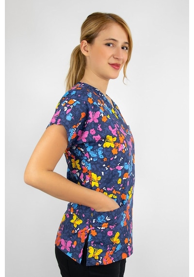 Unisex Butterfly Desenli Likralı Doktor Hemşire Tek Üst Forma Scrubs Greys Renkli Renkli