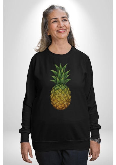 Ananas Meyve Unisex Siyah Baskılı Sweatshirt Siyah