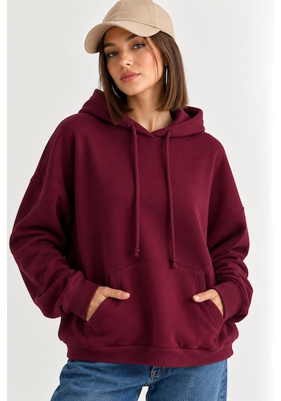 Mevese Taş İşlemeli Kanat Detaylı Kapüşonlu Rahat Kesim Kanguru Cepli Kadın Sweatshirt - Mürdüm Mevese Taş İşlemeli Kanat Detaylı Kapüşonlu Rahat Kesim Kanguru Cepli Kadın Sweatshirt - Mürdüm