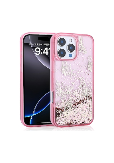 Apple Uyumlu iPhone 14 Pro Max Kılıf Sıvılı Simli Kelebek Tasarım Şeffaf Liquid Glittery Silikon Kapak Pembe