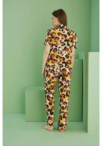 Siyah İnci Kısa Kollu Düğmeli Biyeli Pijama Takım7817 Sarı Büyük Leopar