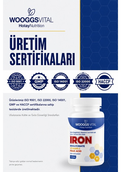 Demir Bisglisinat 14 Mg, C Vitamini 50 Mg Ve Folik Asit 333 Mg 120 Tablet Takviye Edici Gıda