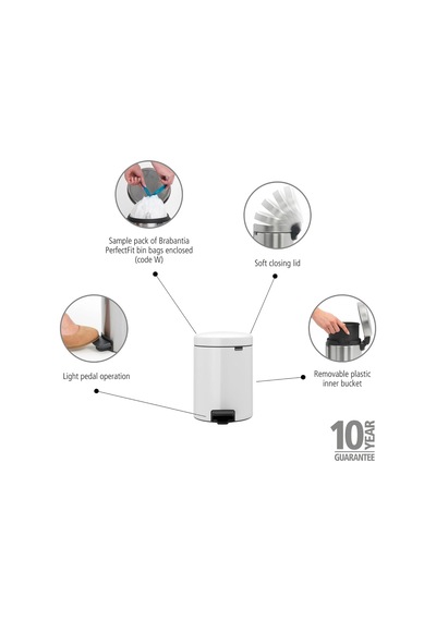 Brabantia Tret Çöp Kovası, İç Kovalı, Plastik, Çelik, Plastik, Beyaz, 5 Litre