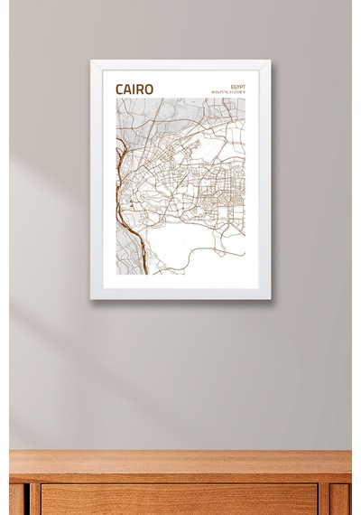 Kahire Mısır Cairo-egypt Haritası Çerçeveli Tablo Lüks Salon Duvar Dekorasyonu Hediyelik Tablo Beyaz
