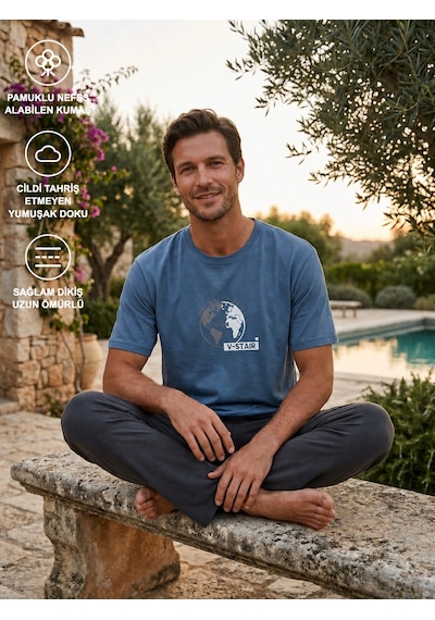 Nov Erkek Baskılı Pamuk Pijama Takımı Kısa Kol Mavi