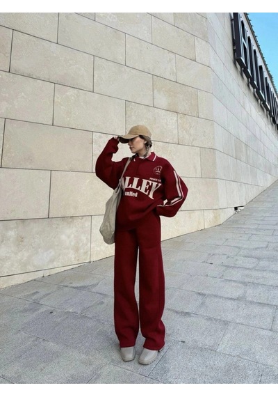 Freedom Store Kadın 3 İplik Pamuklu Yakalı Sweat Baggy Pantolonlu Takım - Bordo