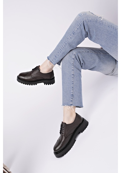 Muggo Amour Bağcıklı Hakiki Deri Kalın Taban Günlük Casual Makosen Kadın Loafer Ayakkabı Kahverengi