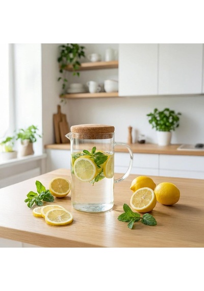 Tr Mantar Kapaklı Borosilikat Cam Sürahi 2 Litre - Isıya Dayanıklı Minimalist Karaf Ve Detoks Şişesi