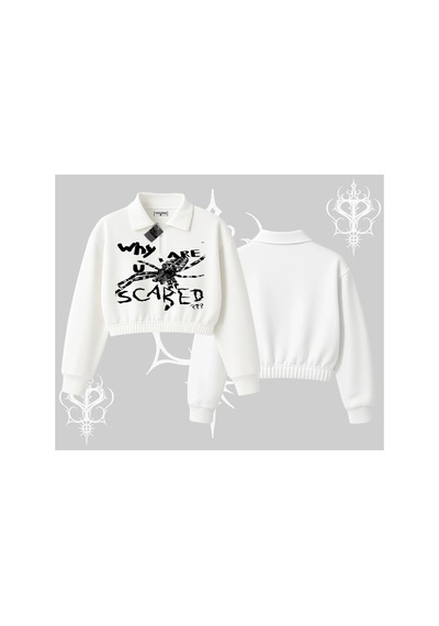 Tarzsokak Beyaz Crop Yarım Fermuarlı Sweatshirt Why Are U Scared