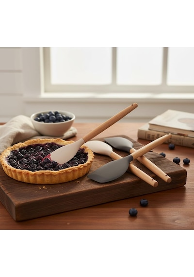 Bambu Saplı Silikon Dar Sıyırma Spatulası, Bambu Uzun Silikon Dar Spatula 27cm 3 Renk Seçenekli Siyah Çok Renkli