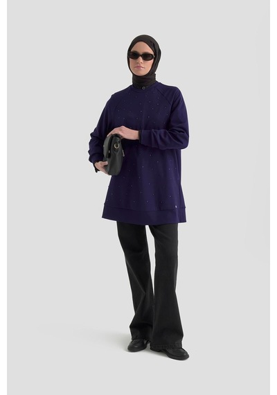 Armine Trend Önü Taş İşlemeli Tunik Morcivert 25kt449