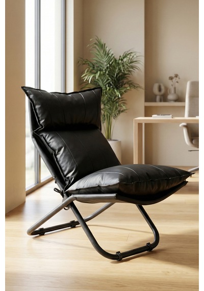 Lumis Garden Prestij Katlanabilir Deri Lounge Koltuğu Çıkarılabilir Kılıf, Modern Metal İskelet Siyah