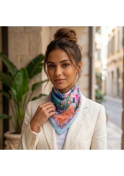 Lente Aksesuar Kadın Çok Renkli Sanatsal Çizgili Premium Kalite İpek Saten Fular 55x55cm Mavi - Pembe
