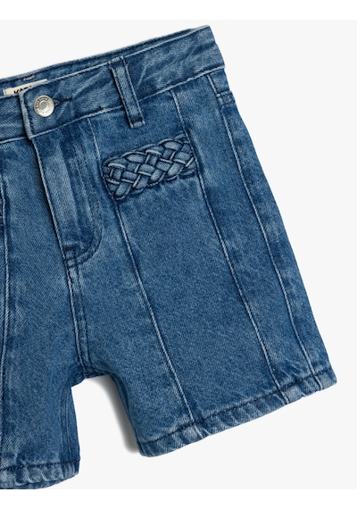 Koton Pamuklu Yüksek Belli Örgü Detaylı Denim Şort Lıght Indıgo 5skg40104ad Açık Mavi